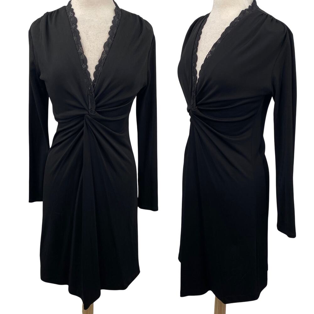 Josie Natori Stretchy Mini Dress Lace Trim VNeck Long Sleeve Twist Front Black S